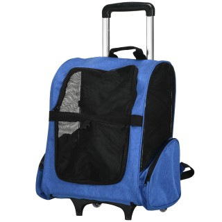 PawHut Trasportino Rucksack 2 in 1 für Hunde und Katzen mit Seitentaschen, Teleskopgriff und Räder, 42x25x55cm, Blau   Aosom