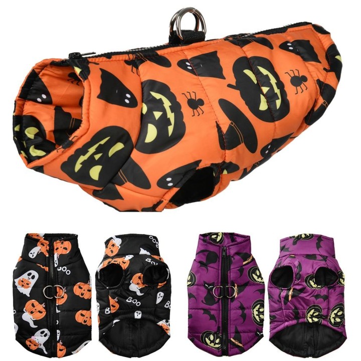 Winter Warme Welpenkleidung Halloween Print Haustier Wasserdichte Jacke Mantel Für Kleine Hunde Katzen Kürbis Party Yorkies K