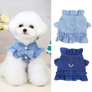 Pet Vest Ruffle Hemming Bowknot Decor Traction Ring Pullover Type Comfy Dog Clothes for M hellblaue