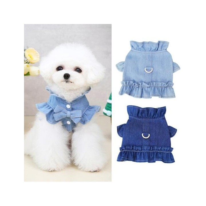 Pet Vest Ruffle Hemming Bowknot Decor Traction Ring Pullover Type Comfy Dog Clothes for M hellblaue