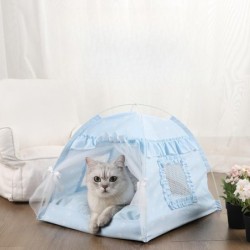 Sommer Haustier Halbgeschlossenes Zelt Atmungsaktive Katzenhütte Zwinger Outdoor Blau Blumenzelt Faltbar S: 35 * 35CM
