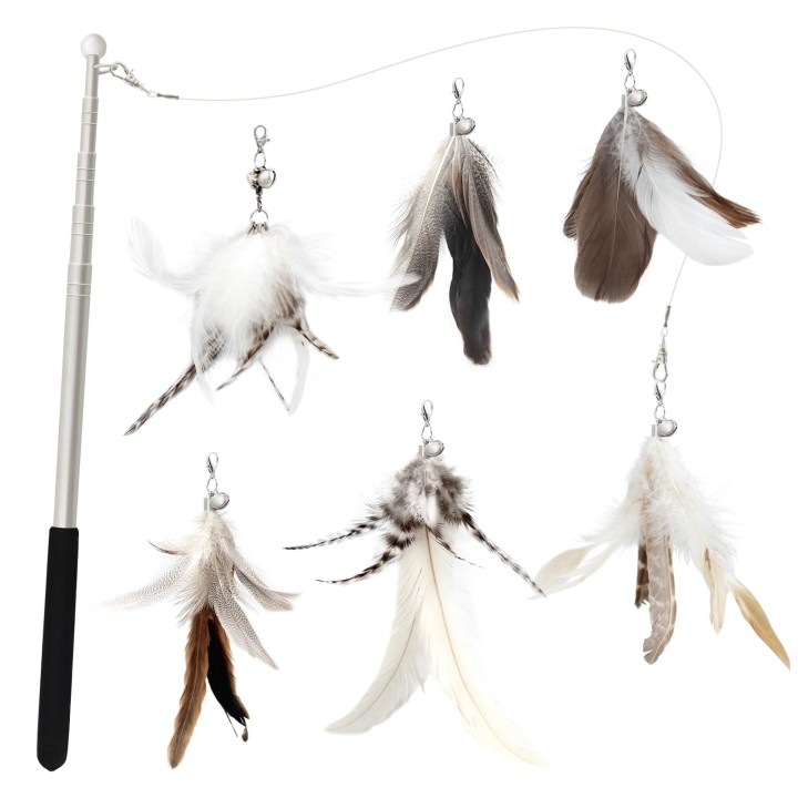 SONGWAY Katzenspielzeug, Feder, Feder, Insekt, flauschige Naturfeder, Feder in Primärfarbe, stabile Angelrute im Lieferumfang