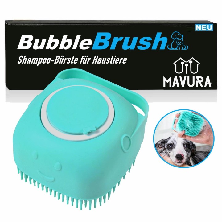 BUBBLEBRUSH Fellpflegebürste Badebürste Hund Katze Waschbürste Shampoo Spender