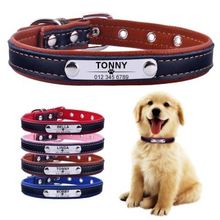 AiruiDog Verstellbares, personalisiertes Hundehalsband, Leder, Welpen-ID, Name, individuell graviert, XS-L XS 22-28cm blau