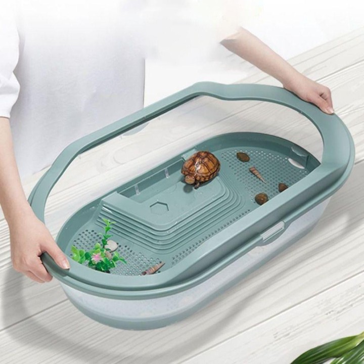 mit Basking Island, abnehmbarem Kunststoff-Reptilienhaus, Schildkrötentank, Reptilienlebensraum, Schildkröten-Futterbox grün