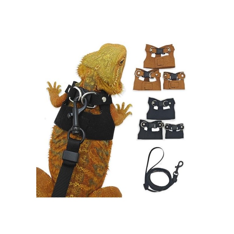 Set aus Geschirr und Leine für Bartagamen, Kunstleder, Geschirr für Reptilien und Eidechsen mit einziehbarer Leine, Zugseil f