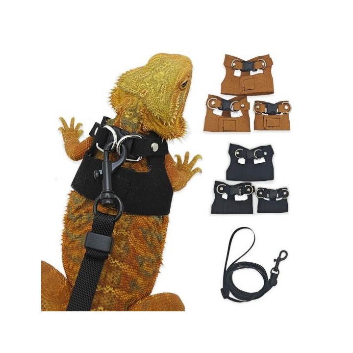 Set aus Geschirr und Leine für Bartagamen, Kunstleder, Geschirr für Reptilien und Eidechsen mit einziehbarer Leine, Zugseil f
