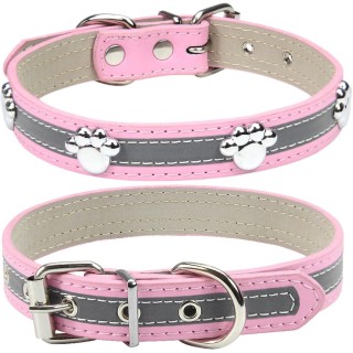 SQCLV Reflektierendes Hundehalsband mit süßen Pfotennieten, lustiges, verstellbares Welpenhalsband aus weichem PU-Leder für k