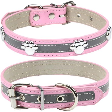SQCLV Reflektierendes Hundehalsband mit süßen Pfotennieten, lustiges, verstellbares Welpenhalsband aus weichem PU-Leder für k
