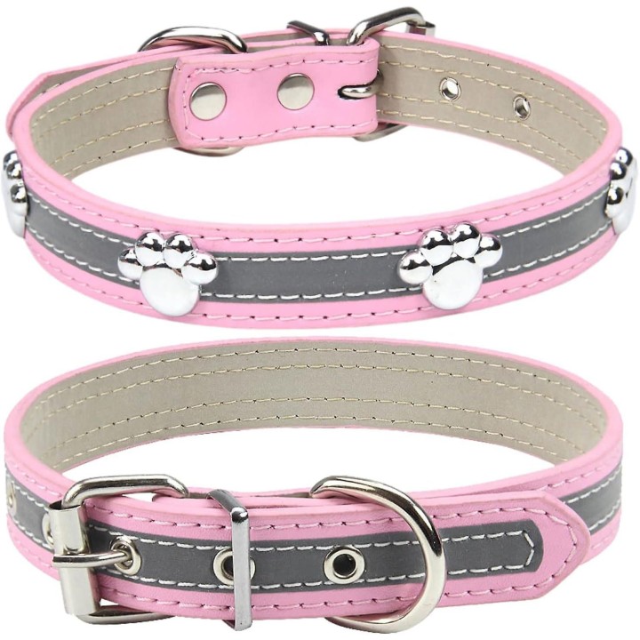 SQCLV Reflektierendes Hundehalsband mit süßen Pfotennieten, lustiges, verstellbares Welpenhalsband aus weichem PU-Leder für k