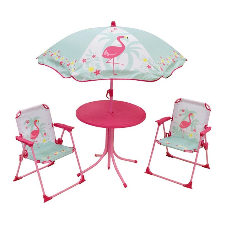 Tisch + 2 Stühle + Kindersonnenschirm Jemini Flamingo