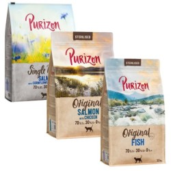 Gemischtes Sparpaket Purizon 3 x 2,5 kg - Sterilised Adult Lachs mit Huhn, Single Meat Lachs, Sterilised Adult Fisch