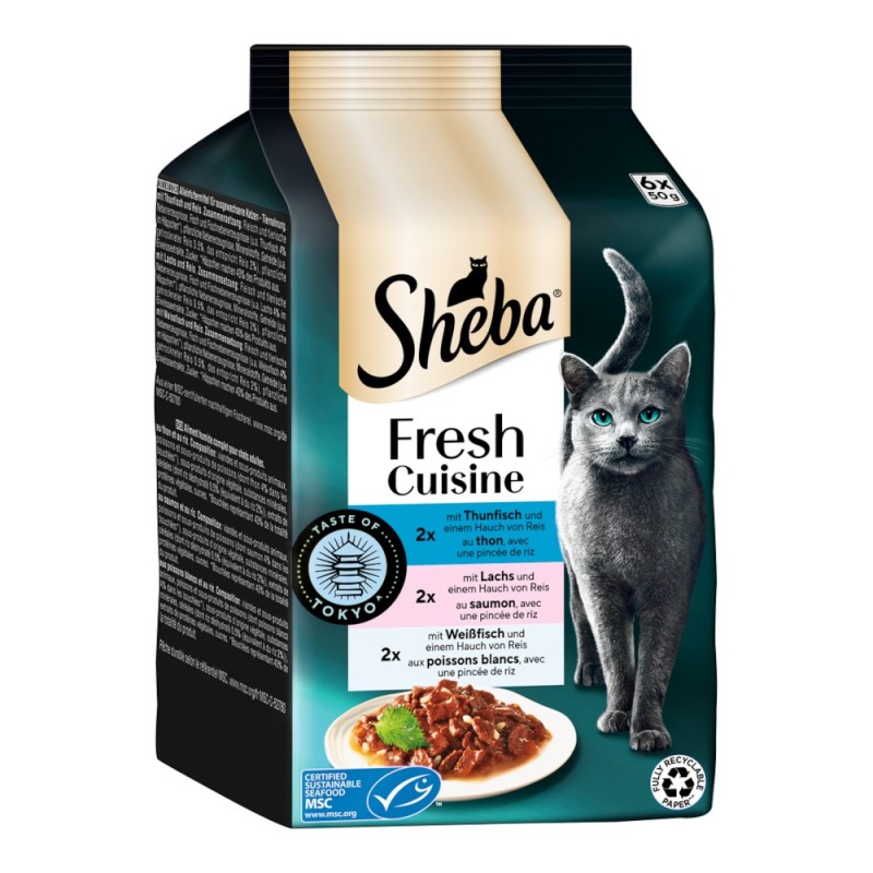 Sparpaket Sheba Fresh Cuisine Taste of Tokyo 36 x 50 g - Thunfisch, Lachs & Weißfisch in Sauce