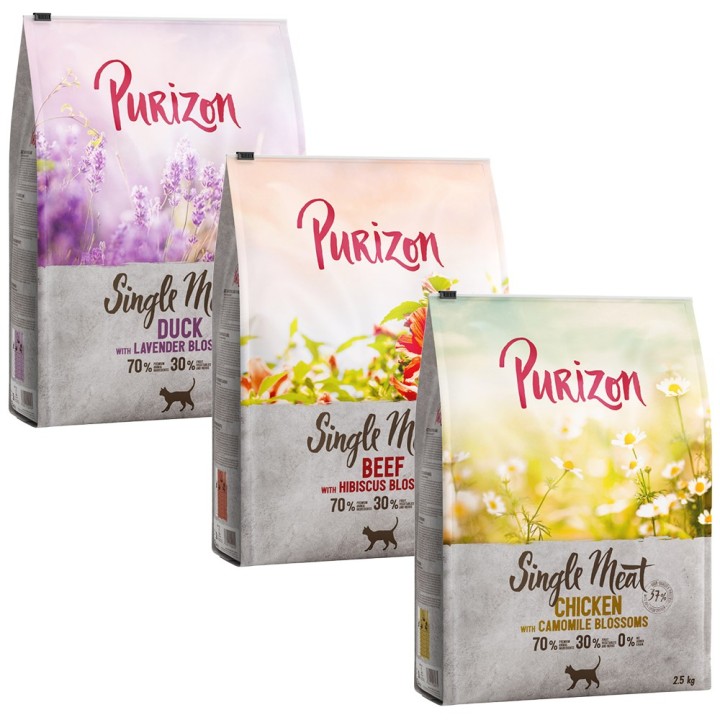 Gemischtes Sparpaket Purizon 3 x 2,5 kg - Single Meat Mix 1: Rind / Huhn / Ente