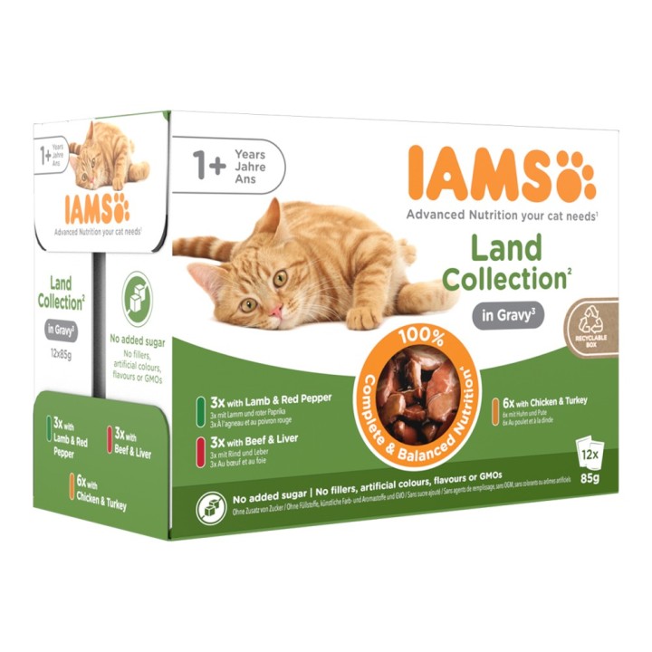 36 + 12 gratis! 48 x 85 g IAMS Advanced Nutrition - Adult Land Mix in Sauce