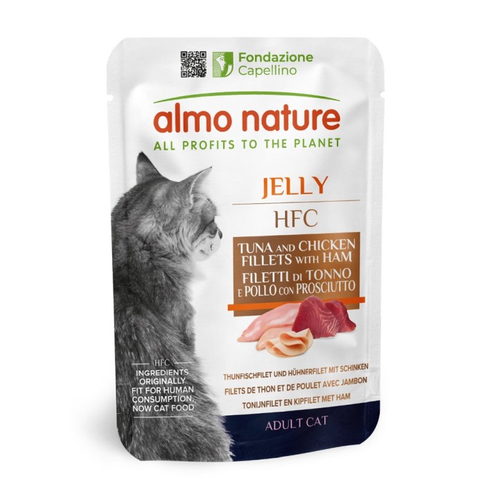5 + 1 gratis! 6 x 55 g Almo Nature HFC Jelly Pouch  - Thunfisch, Huhn und Schinken