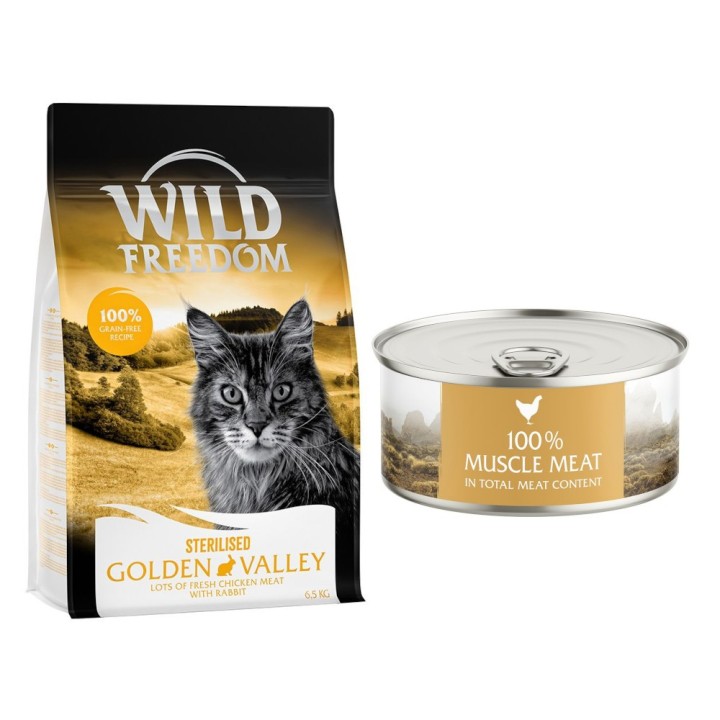 6,5 kg Wild Freedom + 6 x 70 g "Instinctive" Nassfutter gratis! - Sterilised : Golden Valley - Kaninchen + 6 x 70 g Huhn
