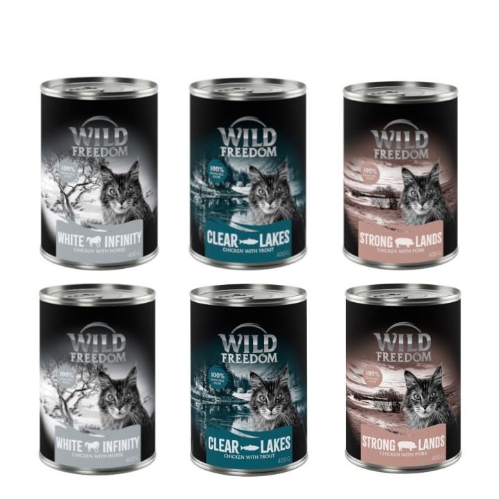 Wild Freedom Adult 6 x 400 g - getreidefreie Rezeptur - Mixpaket 3 (Forelle, Schwein, Pferd)