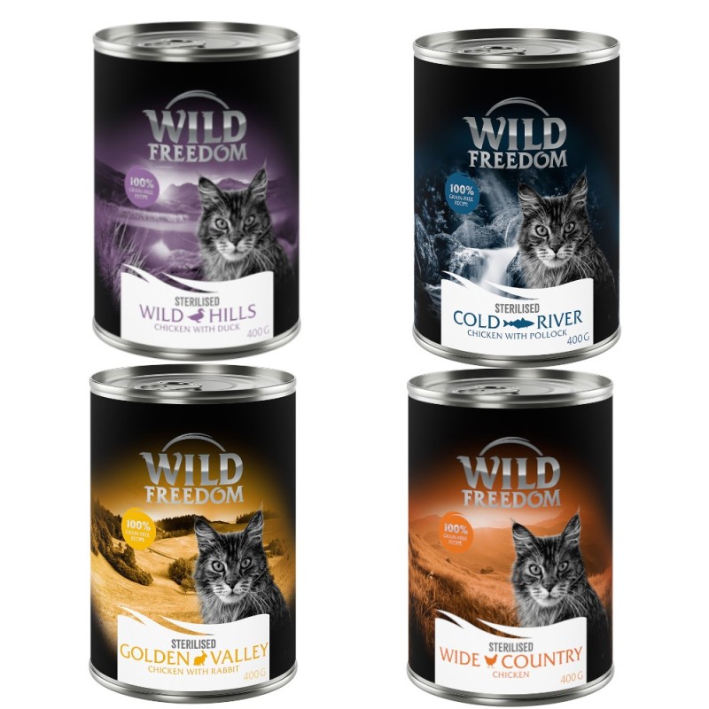 Wild Freedom Adult Sterilised 6 x 400 g - getreidefreie Rezeptur - Mixpaket (Huhn pur, Seelachs, Kaninchen, Ente)