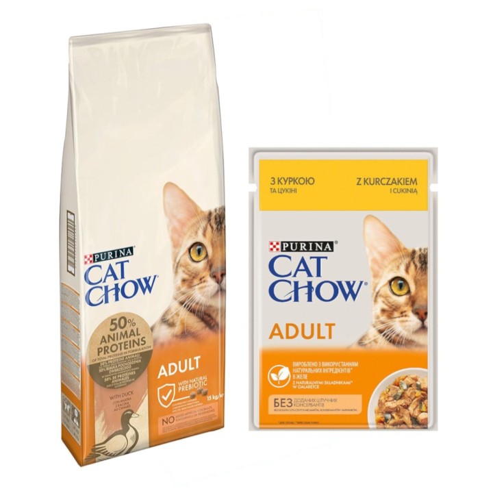 10 kg / 15 kg PURINA Cat Chow + 26 x 85 g passendes Nassfutter gratis! - 15 kg Adult Ente + Huhn