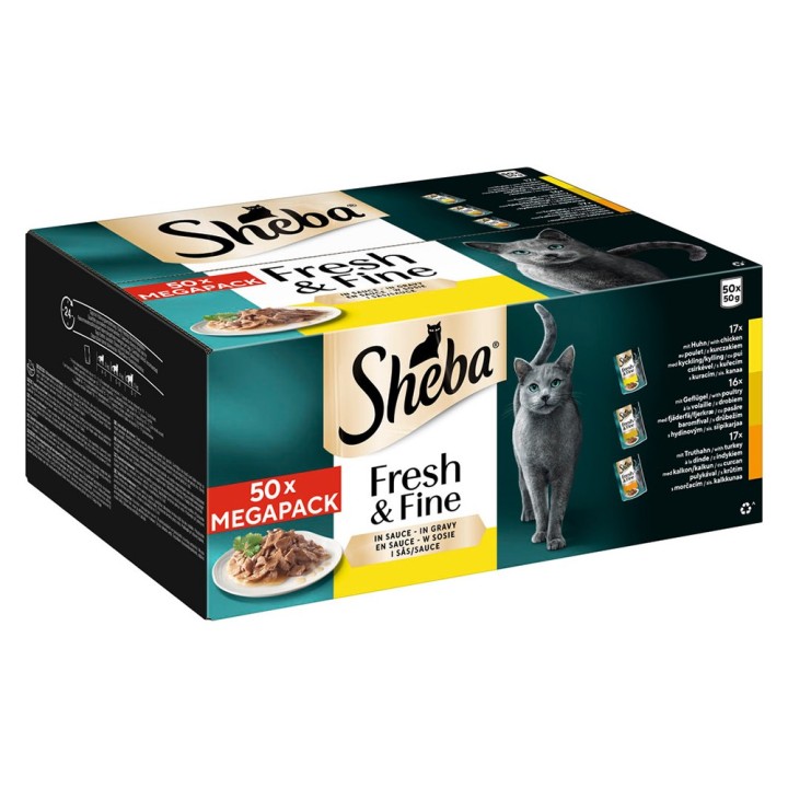 Multipack Sheba Fresh & Fine Frischebeutel 50 x 50 g - mit Huhn, Geflügel, Truthahn in Sauce
