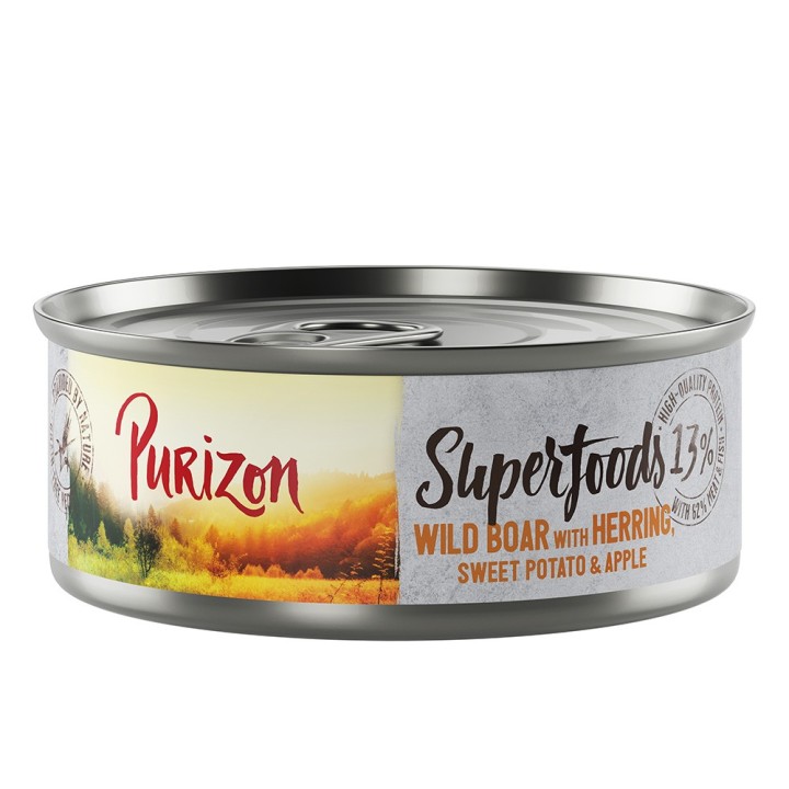24 x 70 / 85 g Purizon Katzenfutter zum Sonderpreis!  - Superfoods: Wildschwein mit Hering, Süßkartoffel und Apfel (24 x 70 g