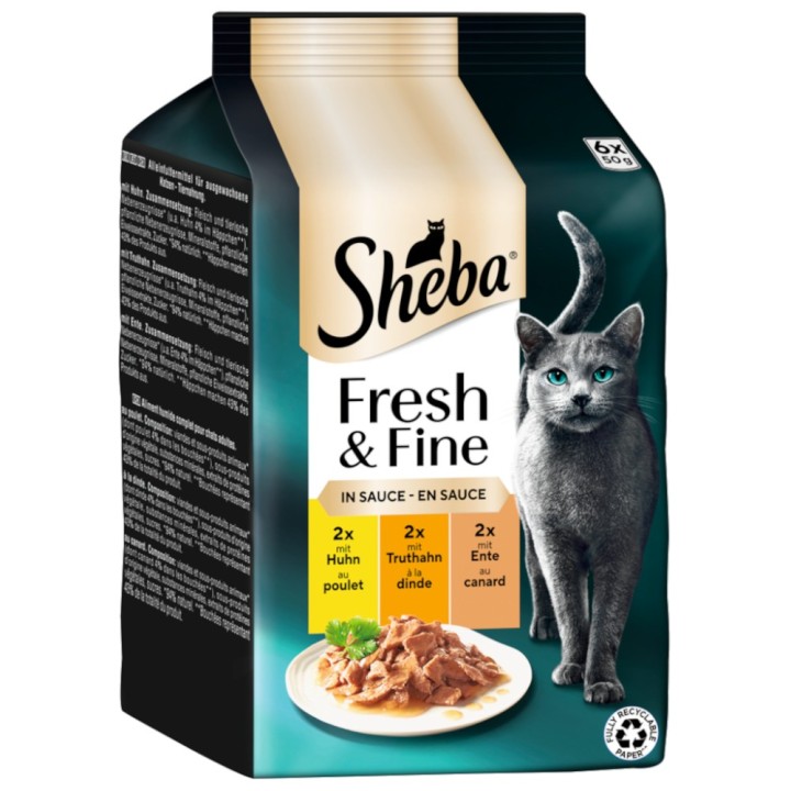 Multipack Sheba Fresh & Fine Frischebeutel 6 x 50 g - Huhn, Truthahn & Ente in Sauce