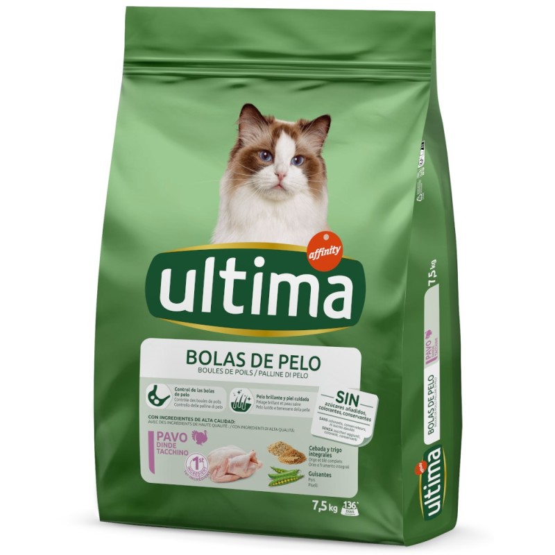 1 kg gratis! 7,5 kg Ultima Cat - Hairball Truthahn & Reis