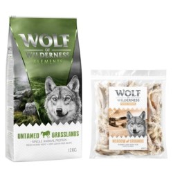 Wolf of Wilderness Kombi-Paket: Adult Trockenfutter + 3 x Kaninchenohren mit Fell Snacks - 12 kg Untamed Grasslands - Pferd +
