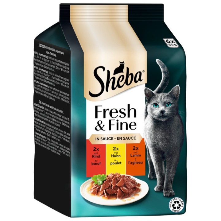 Multipack Sheba Fresh & Fine Frischebeutel 6 x 50 g - Rind, Huhn & Lamm in Sauce