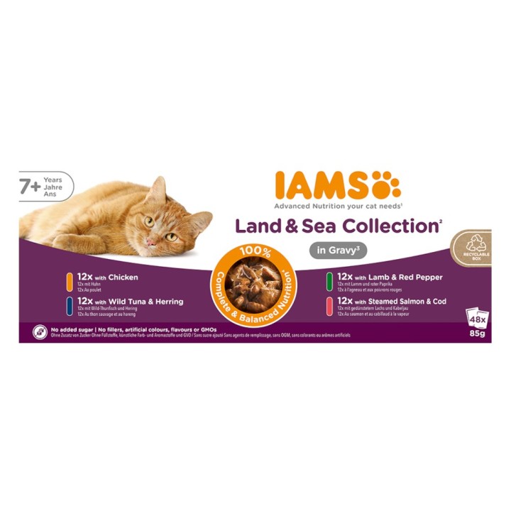 IAMS Advanced Nutrition Senior 7+ Land & Sea Collection in Sauce - Mixpaket 2 (48 x 85 g, 4 Sorten)