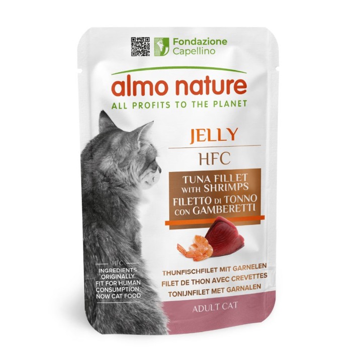 5 + 1 gratis! 6 x 55 g Almo Nature HFC Jelly Pouch  - Thunfischfilet mit Garnelen