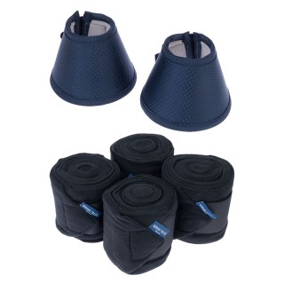 Nomad Tales Pferdebandagen aus Fleece, schwarz - Sparset: Bandagen Pony (4er Set) + Hufglocken aus Elastan, Gr. S (2er Set)