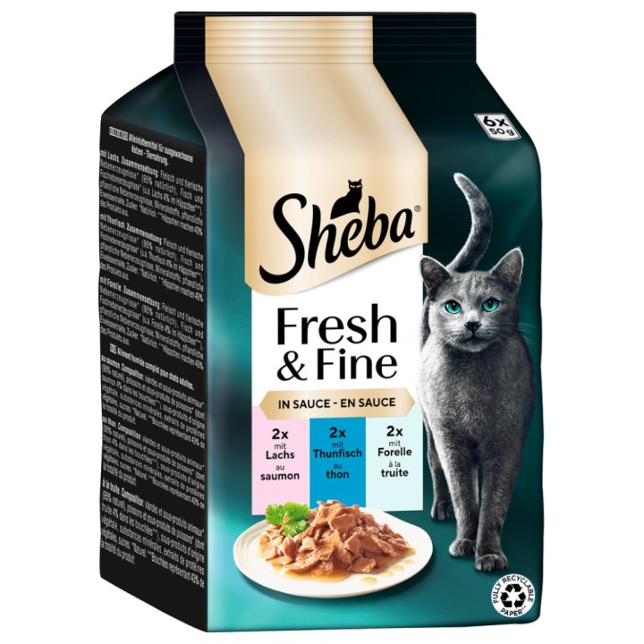 Multipack Sheba Fresh & Fine Frischebeutel 6 x 50 g - Lachs, Thunfisch & Forelle in Sauce