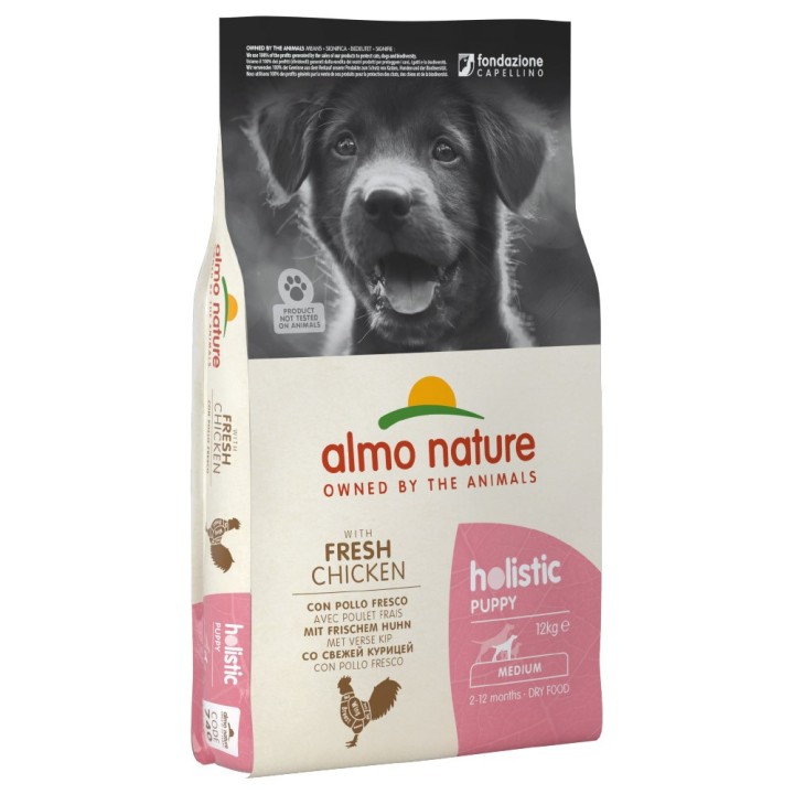2 kg gratis! 12 kg Almo Nature Holistic Medium Puppy - Huhn & Reis