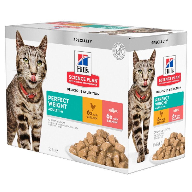9 + 3 gratis! 12 x 85 g Hill's Science Plan - Adult Perfect Weight: Huhn & Lachs