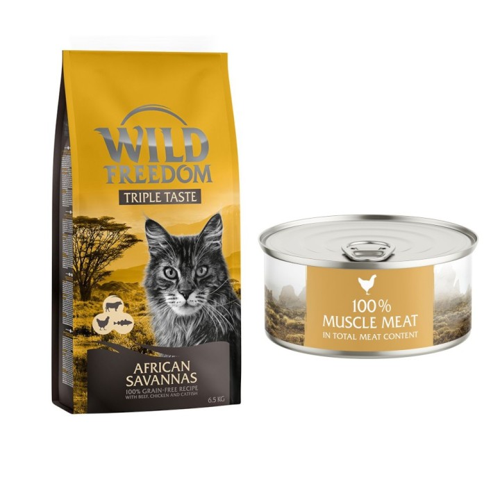 6,5 kg Wild Freedom + 6 x 70 g "Instinctive" Nassfutter gratis! - African Savannas - Rind, Huhn & Wels + 6 x 70 g Huhn