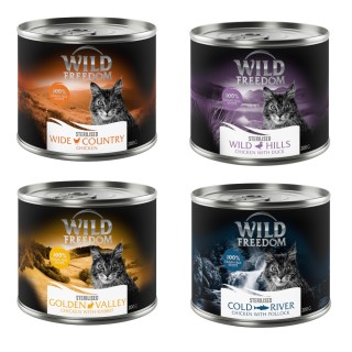 Wild Freedom Adult Sterilised 6 x 200 g - getreidefreie Rezeptur - Mixpaket (2x Huhn pur, 2x Huhn & Seelachs, 1x Huhn & Kanin