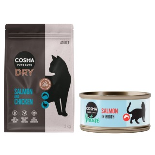 Cosma Kombi-Paket: Trockenfutter + Nature Nassfutter - 2 x 2 kg Lachs & Huhn + 24 x 70 g Lachs