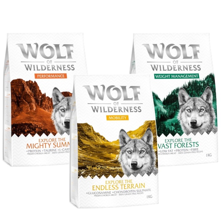 Wolf of Wilderness Mix-Sparpakete - getreidefrei ADULT Power-Mix: Performance, Mobility, Weight Management (3 x 1 kg)