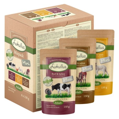Lukullus Naturkost Adult Mini Getreidefrei 6 x 150 g Mixpaket (3 Sorten)