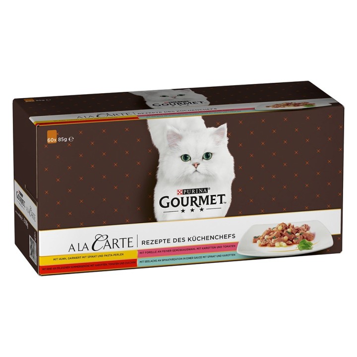 Megapack Purina GOURMET A la Carte 60 x 85 g  - Rezepte des Küchenchefs: Huhn, Rind, Forelle, Seelachs