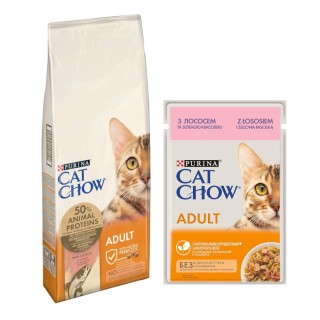 10 kg / 15 kg PURINA Cat Chow + 26 x 85 g passendes Nassfutter gratis! - 15 kg Adult Lachs + Lachs