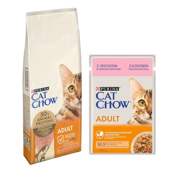 10 kg / 15 kg PURINA Cat Chow + 26 x 85 g passendes Nassfutter gratis! - 15 kg Adult Lachs + Lachs