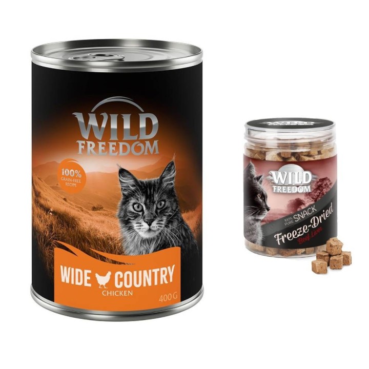 Wild Freedom Kombi-Paket: 24 x 400 g Adult Nassfutter + 3 x 45 g RAW - Sterilised: Mixpaket 3 (Huhn pur, Seelachs, Kaninchen,