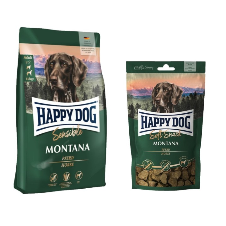 Happy Dog Kombi-Paket:  Supreme Sensible 10 / 12,5 kg + 5 x 100 g Soft Snack - Sensible Montana  10 kg +  Montana 5 x 100 g