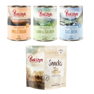 Purizon Kombi-Paket: Adult Nassfutter + Snack  - 24 x 400 g Mixpaket (8 x Wildschwein, 8 x Lachs, 8 x Lamm) + 3 x 40 g Huhn m