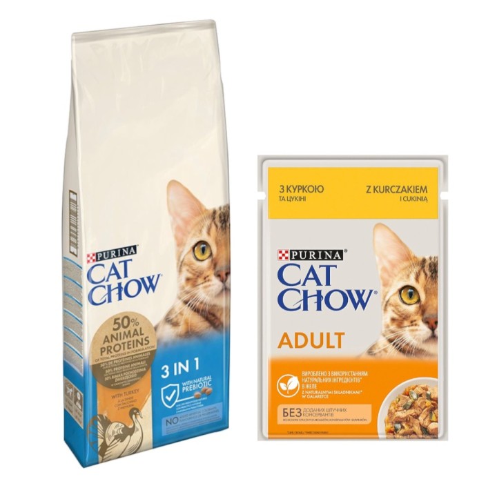 10 kg / 15 kg PURINA Cat Chow + 26 x 85 g passendes Nassfutter gratis! - 15 kg Special Care 3in1 mit Truthahn + Huhn