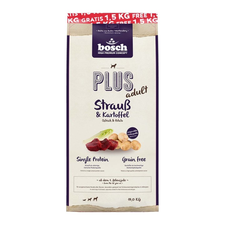 Bosch PLUS Hunde-Trockenfutter Strauß & Kartoffel 12,5+1,5kg gratis