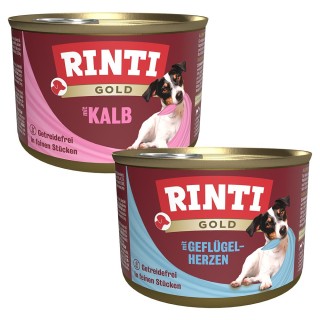 Sparpaket RINTI Gold 24 x 185 g - Mixpaket: Geflügelherzen, Kalbstückchen